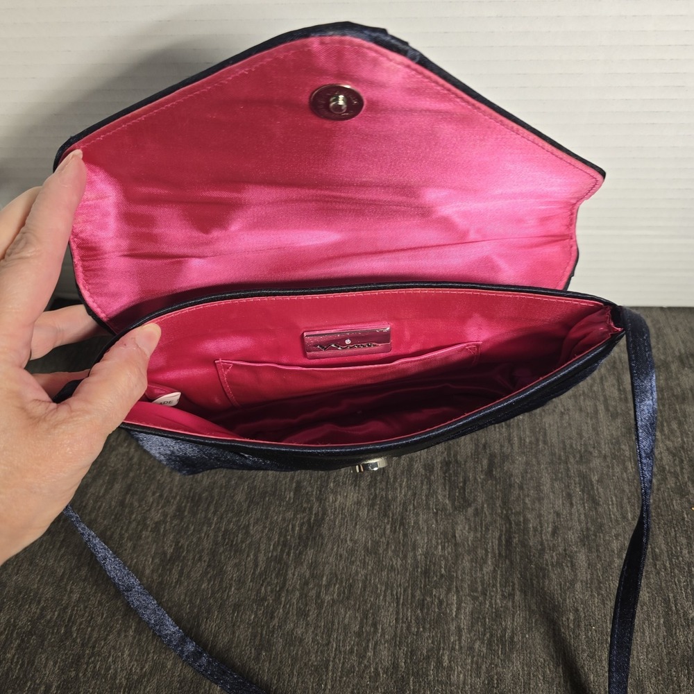 Nina New York Navy Blue Satin Pleated Evening Clutch Crossbody Bag Pink Lining - Picture 3 of 5